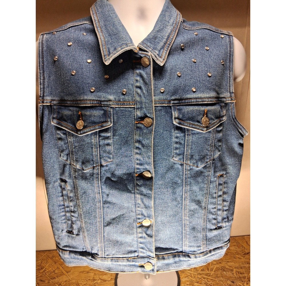 Denim & Co Womens Medium Wash Rhinestone Studded Denim Vest Blue Large L